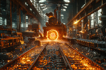 Poster - a blacksmith forging iron tools beside a modern factory producing machinery with advanced technology