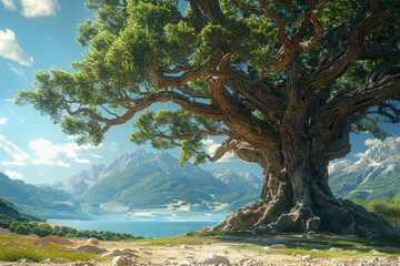 Poster - a centuries-old oak tree standing next to a genetically modified tree engineered for rapid growth. c