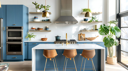 Wall Mural - The kitchen features modern blue cabinetry and a contemporary design.