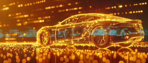 Wall Mural - digital gold self-driving car with glowing data stream , the advancement of artificial intelligence in autonomous vehicle technology. driverless navigation, road transportation. wireframe low poly.	
