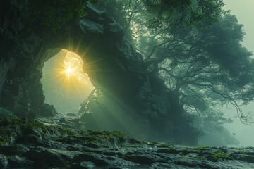 Poster - Serene Amaterasu, the goddess of the sun, emerges from her cave, restoring light and vitality to the world after a period of darkness. Concept of illumination in Japanese mythology. Generative Ai.