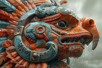 Wall Mural - Enigmatic Quetzalcoatl, the feathered serpent god of wind and wisdom, glides gracefully across the sky, bringing both life-giving rains to the ancient lands of Mesoamerica.  Generative Ai.