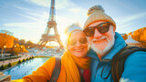 Fototapeta  - Pareja de abuelos posando para un selfie en un viaje de oferta a Francia con la torre Eiffel de fondo un día espectacularmente soleado.