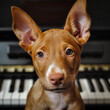 Retrato de cachorro de perro podenco en primer plano con un piano de fondo, concepto de mascotas en hogar de artistas.