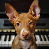 Fototapeta Młodzieżowe - Retrato de cachorro de perro podenco en primer plano con un piano de fondo, concepto de mascotas en hogar de artistas.