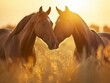 Two horses are touching noses in a field of tall grass. Generative AI.