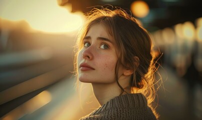 Poster - A woman with brown hair looking up at the sky. Generative AI.