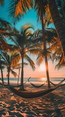 Wall Mural - Hammock on the beach at sunset. Generative AI.