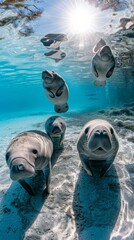 Sticker - A group of manatees swimming in the water near a beach. Generative AI.