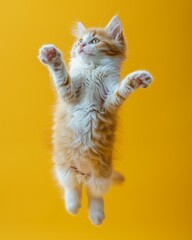 Wall Mural - A kitten jumping up in the air on a yellow background. Generative AI.