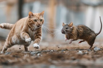 Poster - A cat and a rat running towards each other on the ground. Generative AI.