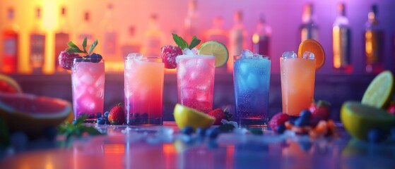 Poster - A group of colorful drinks are lined up on a table. Generative AI.