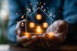 Mann berührt virtuelles Haussymbol zur Analyse von Hypothekendarlehen und Immobilienhypotheken. Zinssatz, Investitionsplanung, Gewerbeimmobilien, Konzept Immobilienmarkt