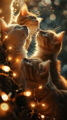 Poster - A group of cats are looking up at a lighted tree. Generative AI.