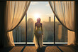 Happy woman opening curtains on big panoramic window at the morning. Young woman getting up enjoying of sunny day holiday vacation morning. Modern hotel, morning lifestyle concept. Generative AI