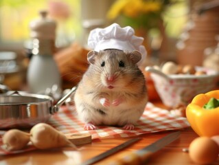 Wall Mural - A hamster wearing a chef's hat on top of kitchen counter. Generative AI.