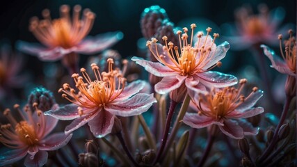 Wall Mural - A close up of some pink flowers with water droplets on them. Generative AI.