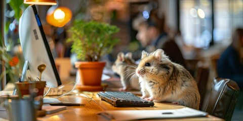 Wall Mural - A hamster sitting on a keyboard and mouse at the computer. Generative AI.