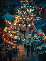 Sticker - A crowded market with people walking around and shopping. Generative AI.