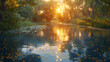 Sunlight reflecting off the surface of a tranquil pond at sunset - mirrored tranquility