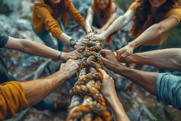 Poster - person climbing a ladder made of interconnected hands, emphasizing the collaborative effort of succe
