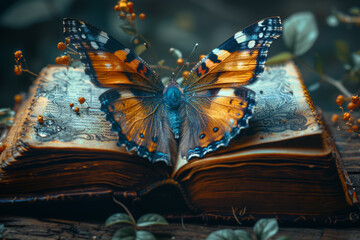 Poster - A book transforming into a butterfly upon being opened, representing the beauty of knowledge. Concept of transformative learning. Generative Ai.