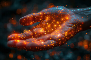 Poster - Human hand reaching towards a virtual handshake, illustrating the blend of physical and digital interactions. Concept of modern networking. Generative Ai.