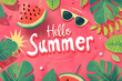 Colorful pink banner that says Hello Summer with watermelon fruit, green leaves and sunglasses