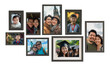 Asian family portraits pictures in collection of black thin frames. Isolated over white transparent background