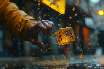 Wall Mural - Person rolling a dice with various life elements, emphasizing the unpredictable nature of life choices. Concept of life's gamble. Generative Ai.