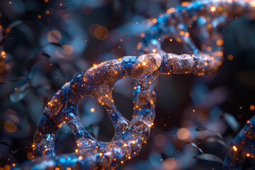 Poster - Abstract DNA strands forming a double helix staircase, representing the continuous evolution of life. Concept of genetic ascension. Generative Ai.