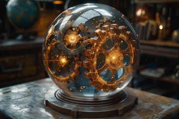 Poster - Interlocking gears within a crystal ball, showcasing the fusion of foresight and machinery. Concept of mechanical divination. Generative Ai.