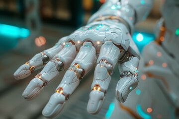 Poster - A human hand intertwined with robotic fingers, symbolizing the fusion of human and artificial intelligence. Concept of cyborg collaboration. Generative Ai.