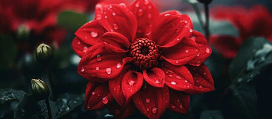 Wall Mural - A vibrant red flower glistening with numerous water droplets, showcasing nature's intricate beauty