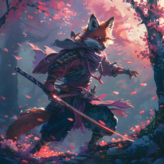 Majestic Fox Warrior Wielding Glowing Sword in Enchanting Cherry Blossom Forest Landscape