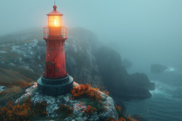 Wall Mural - A beacon atop a lighthouse guiding ships to safety. Concept of providing a beacon of hope. Generative Ai.