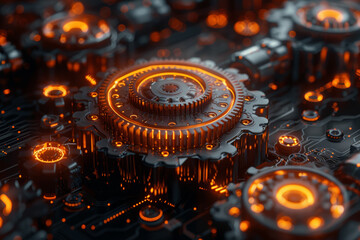 Poster - A network of interconnected gears symbolizing mutual aid and cooperation. Concept of symbiotic assistance. Generative Ai.