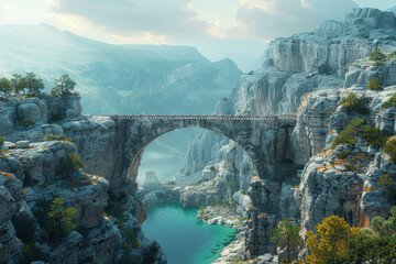 Aufkleber - A bridge spanning a chasm, connecting separated communities. Concept of fostering unity and connection. Generative Ai.