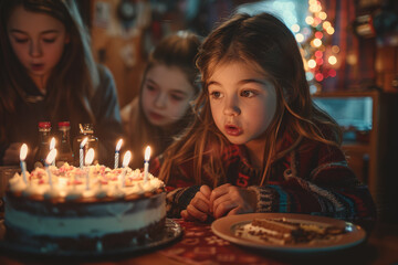 Sticker - A family gathering around a dining table with a cake topped with the number 