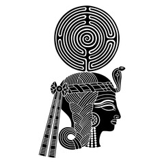 Wall Mural - Head of an ancient Egyptian woman or goddess holding a round spiral maze or labyrinth symbol. Creative concept. Ethnic design. Black and white silhouette.