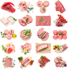 Wall Mural - Collage of fresh meat on white background