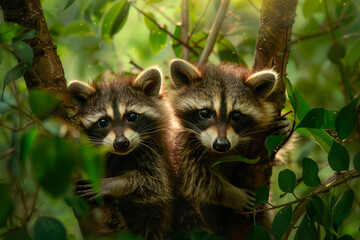 Wall Mural - Playful baby raccoons climbing trees and exploring the dense foliage of a lush forest, their masked faces captured in stunning HD detail