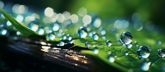 Poster - Macro shot focusing on a single green leaf with numerous water droplets on its surface