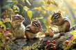 Sweet little chipmunks gathering nuts and seeds in the dappled sunlight of a lush forest, their cheek pouches bulging as they prepare for winter, captured in stunning HD detail