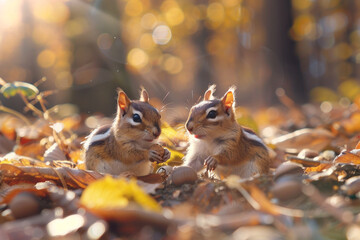 Wall Mural - Sweet little chipmunks gathering nuts and seeds in the dappled sunlight of a lush forest, their cheek pouches bulging as they prepare for winter, captured in stunning HD detail