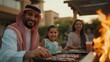  stylish Saudi house terrace, facade of Saudi contemporary house, cozy, having fun smiling, Saudi family having barbecue