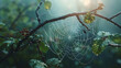 The delicate intricacy of a spider's web spun between branches beside the trail