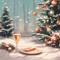 Wall Mural - christmas tree with glass of red wine and golden decorations on blurred background, christmas card with bokeh lights. new year and christmas theme. christmas tree with glass of red wine and golden dec