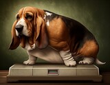 Fototapeta Uliczki - Health Check: Overweight Basset Hound Weighs in on Scale