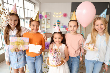 Sticker - Cute little children with Birthday cake and gifts at party